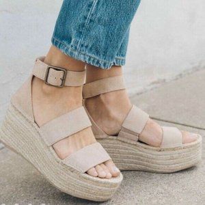 Soludos Sandals 9 Beige Palma Platform Espadrille Wedge Ankle Buckle Open Toe
